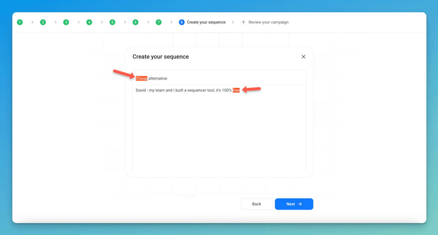 screenshot showing Emailchaser's spam trigger word highlight feature