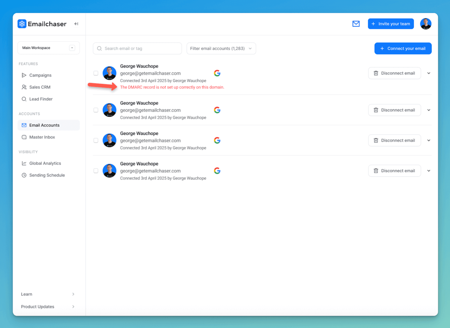 screenshot showing dmarc alert message in Emailchaser