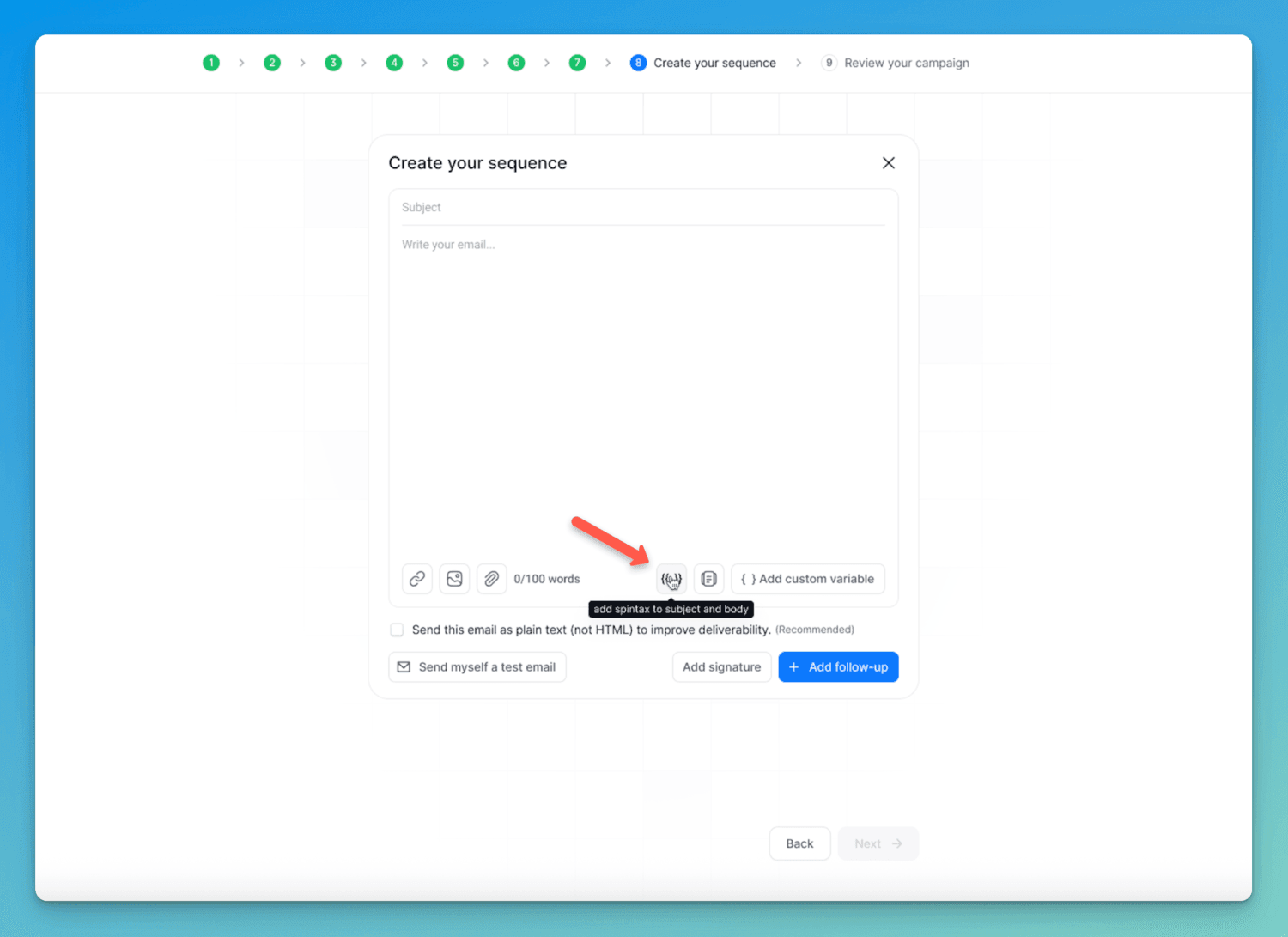 screenshot showing spintax button in Emailchaser