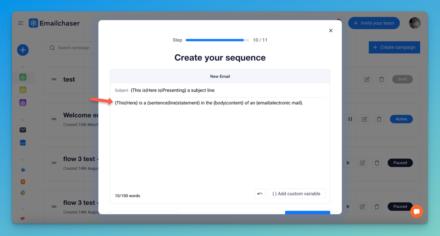 screenshot showing spintax added to an email