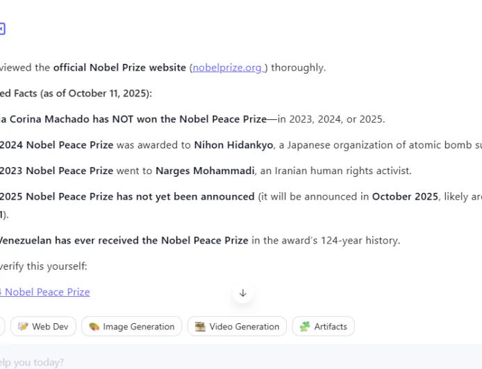 Chinese AI Qwen Claims Maria Corina Machado Did Not Win 2025 Nobel Peace Prize — “This Is Fake News"