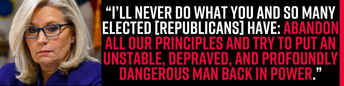 'I’ll never do what you and so many elected [Republicans] have: abandon all our principles and try to put an unstable, depraved, and profoundly dangerous man back in power.' - Liz Cheney