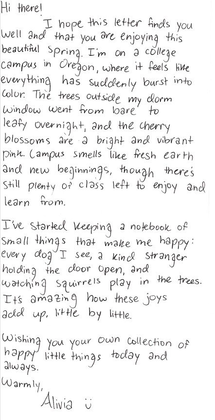 Letter from Alivia in Oregon
