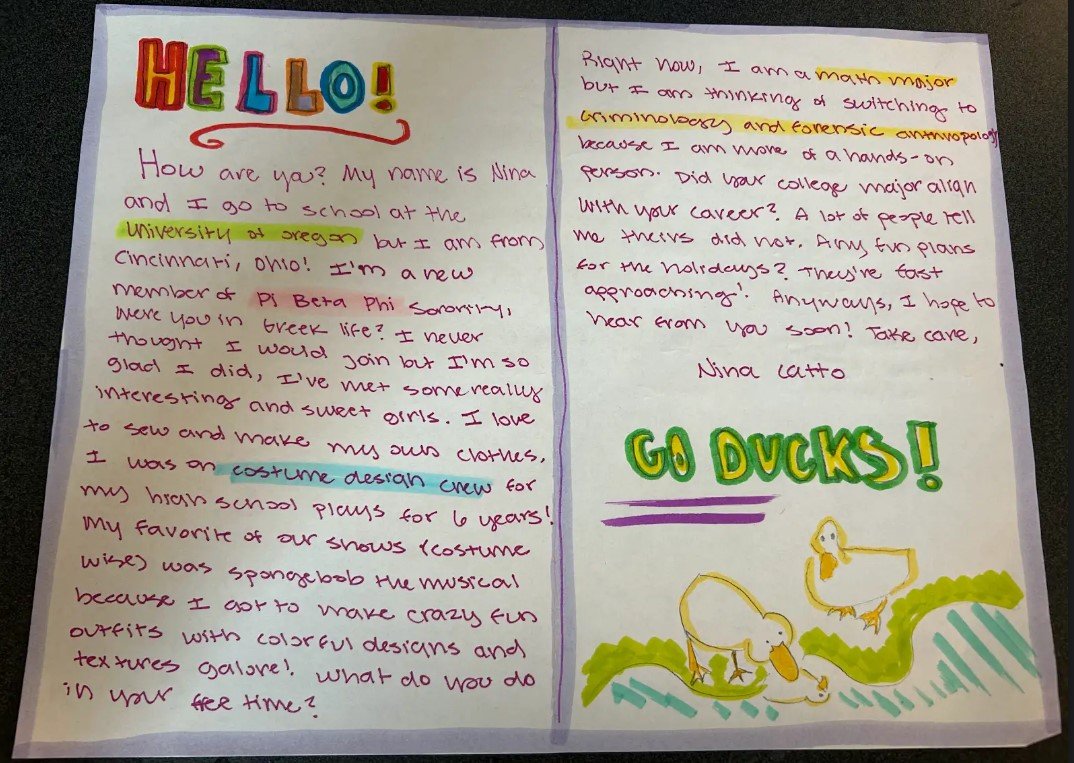 A handwritten letter from Nina in Oregon