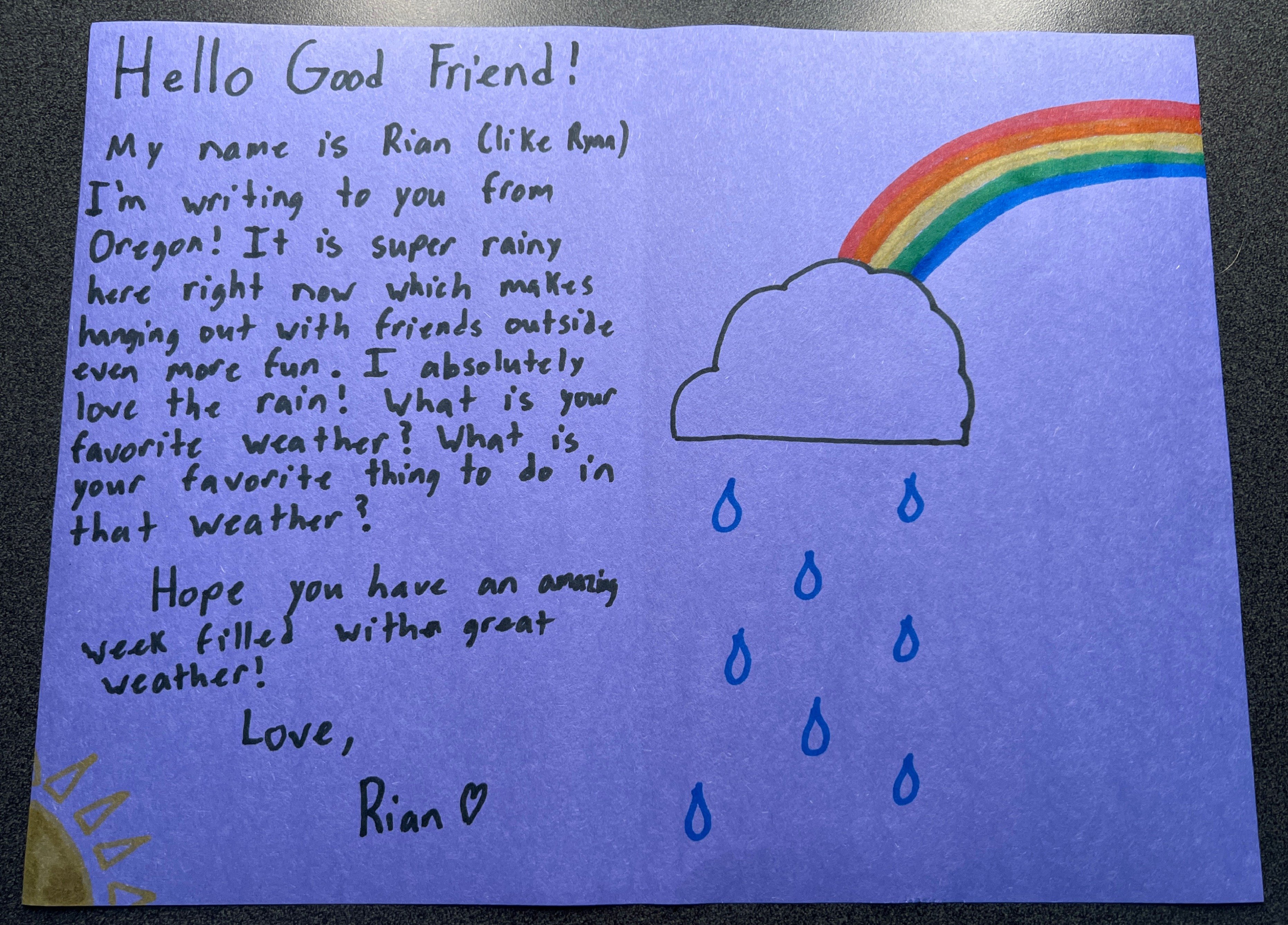 Letter from Rian in Oregon