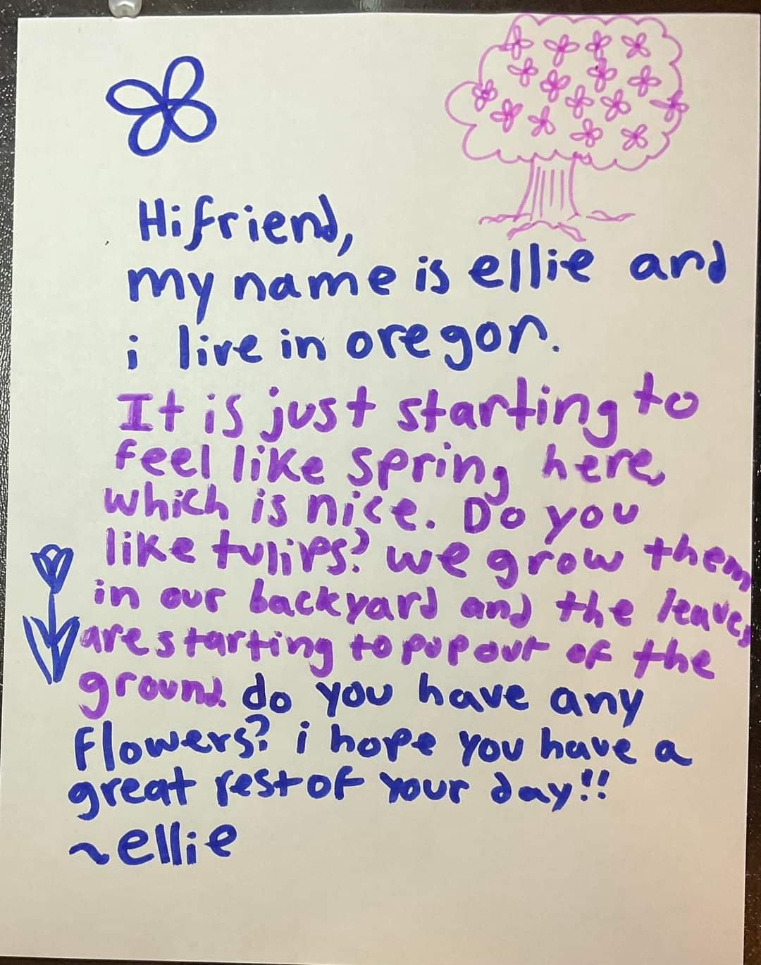 A handwritten letter from Ellie in Oregon