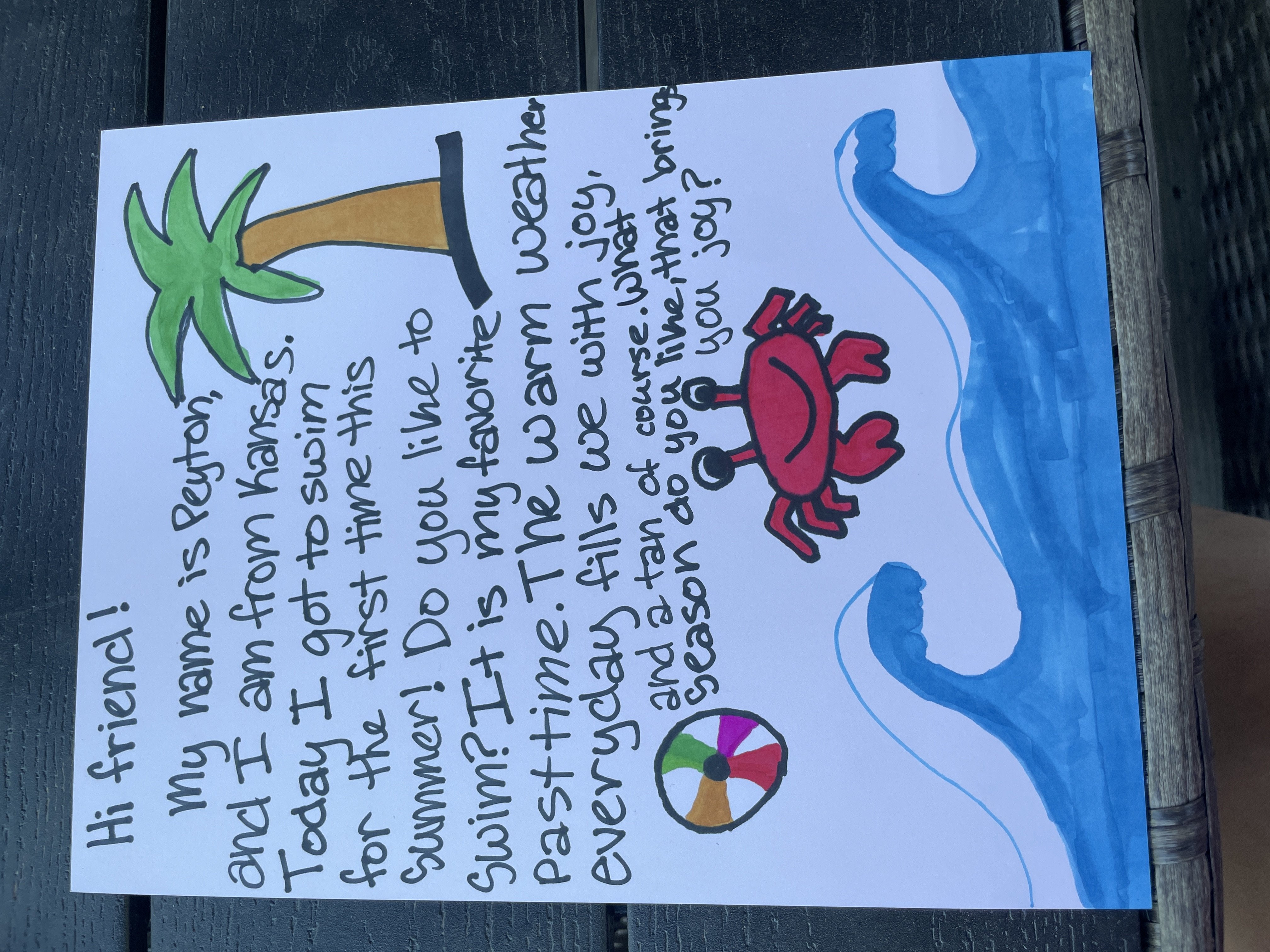 A letter with illustrations and warm wishes from Peyton in Kansas.