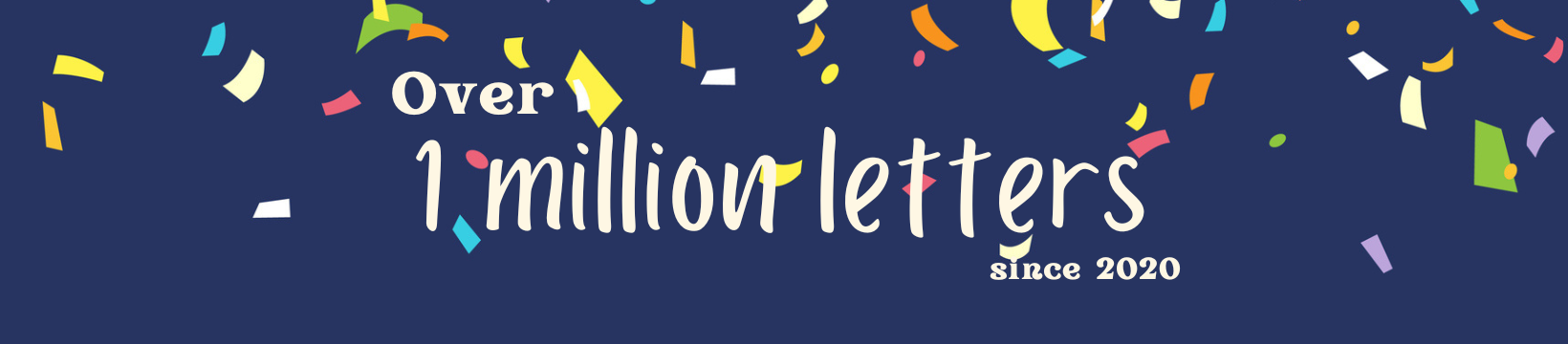 Navy blue background with colorful confetti falling onto text that says 