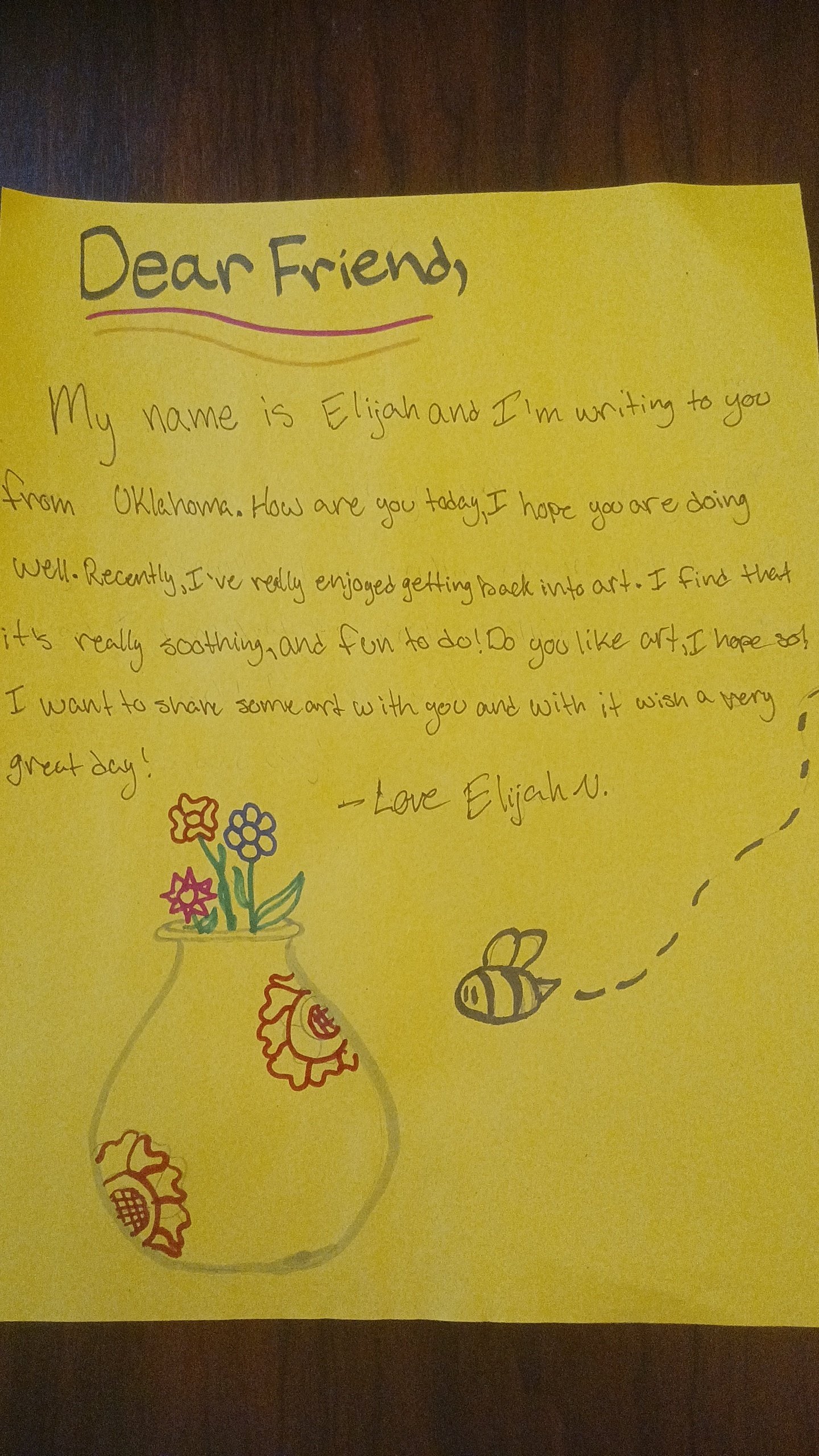 Letter from Elijah in Oklahoma