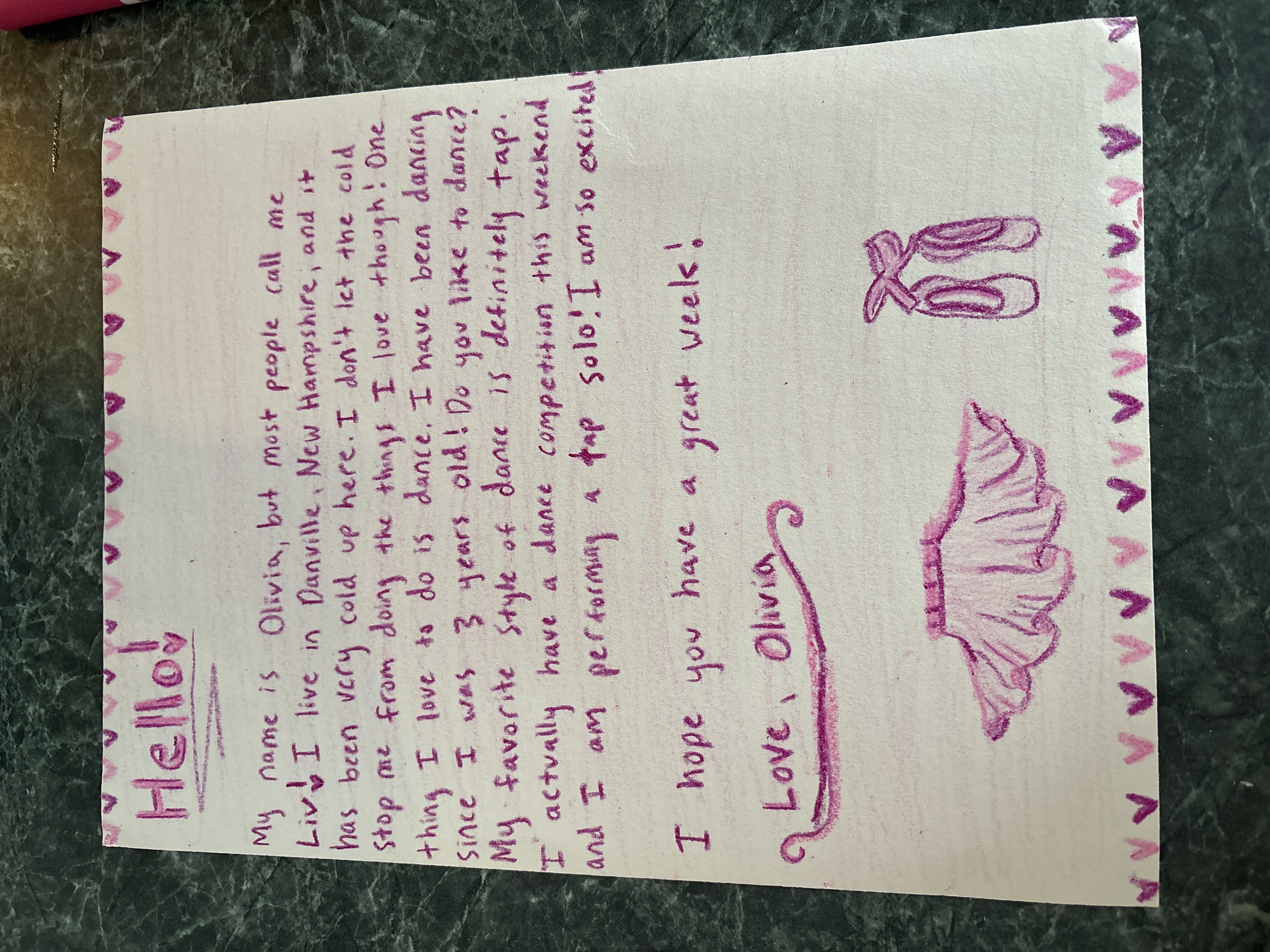 A handwritten letter from Olivia in New Hampshire.