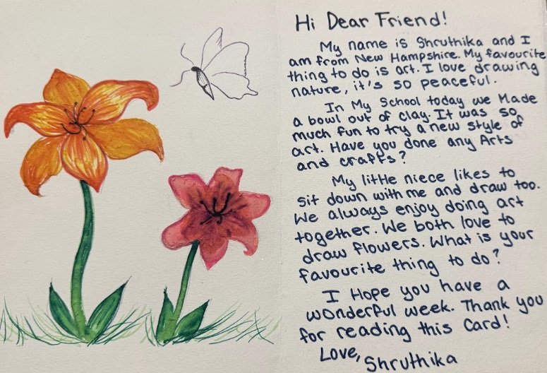 A handwritten letter from Shruthika in New Hampshire.
