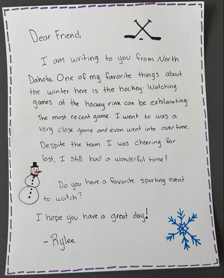 A handwritten letter from Rylee in North Dakota.