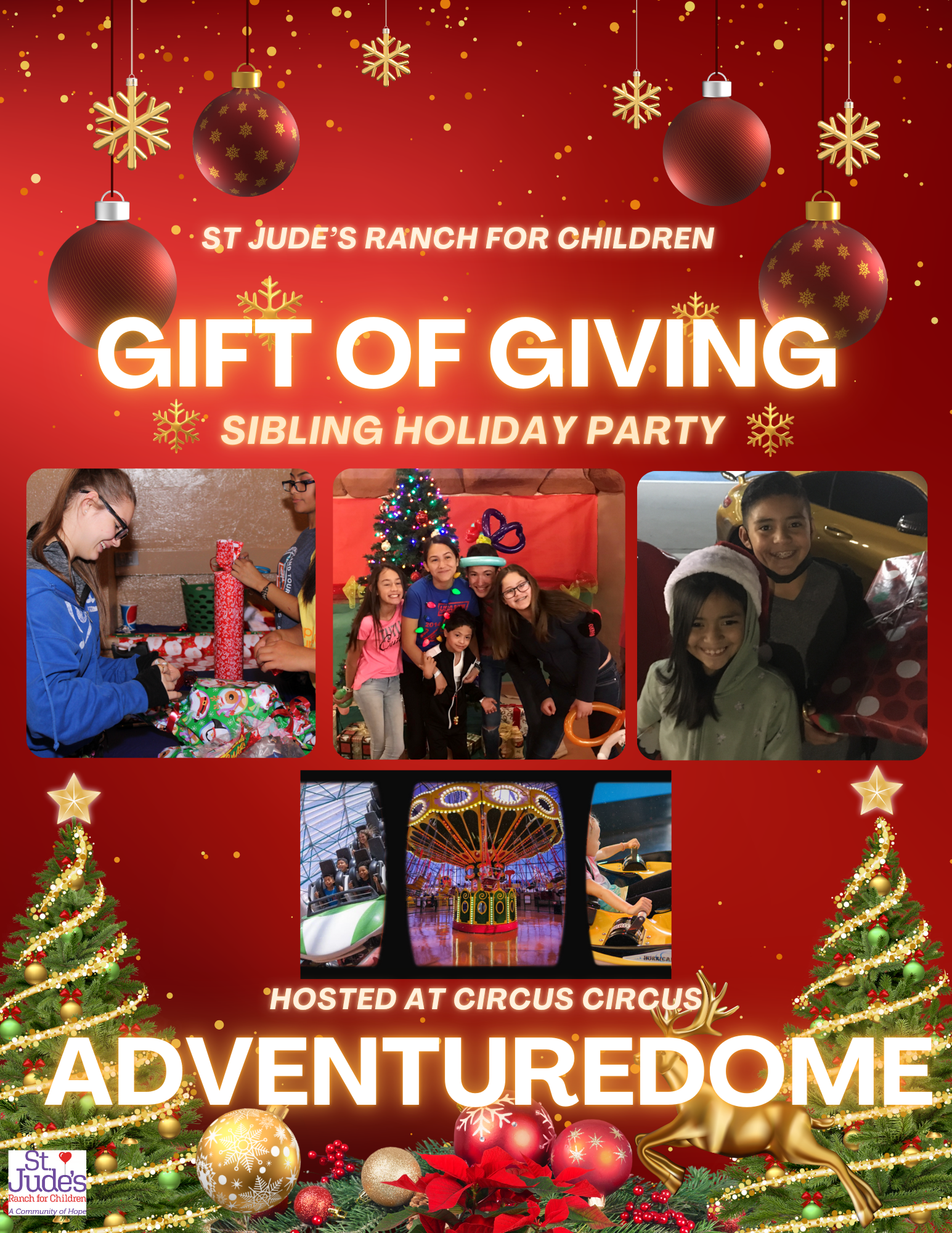 A festive holiday party for siblings at St. Jude's Ranch, featuring activities and fun at the Adventuredome.