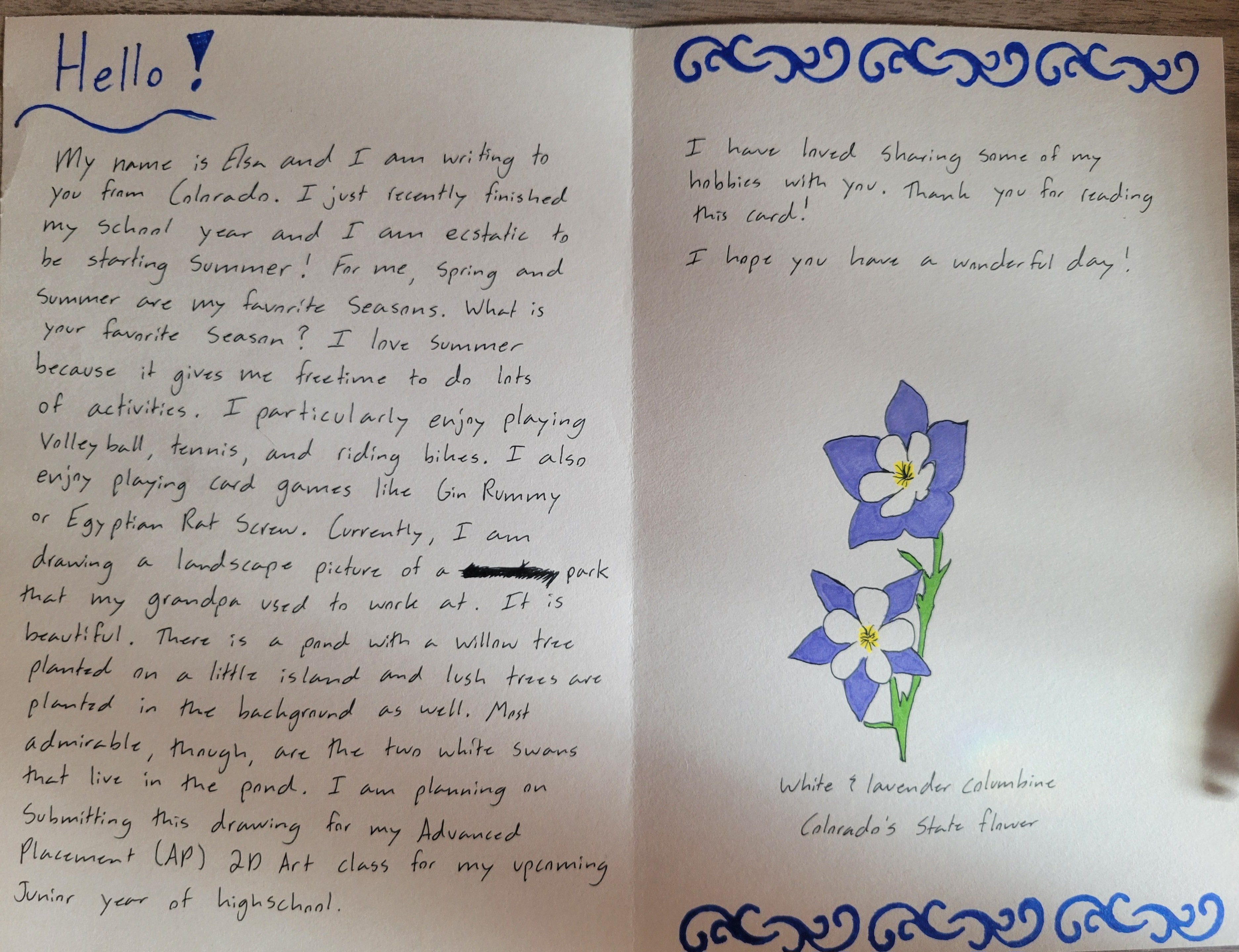 Letter to a senior from Elsa in Colorado