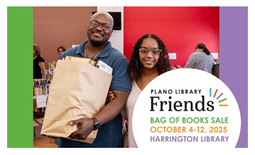 A male adult holding a brown paper bag full of books and a teenager smiling next to him
