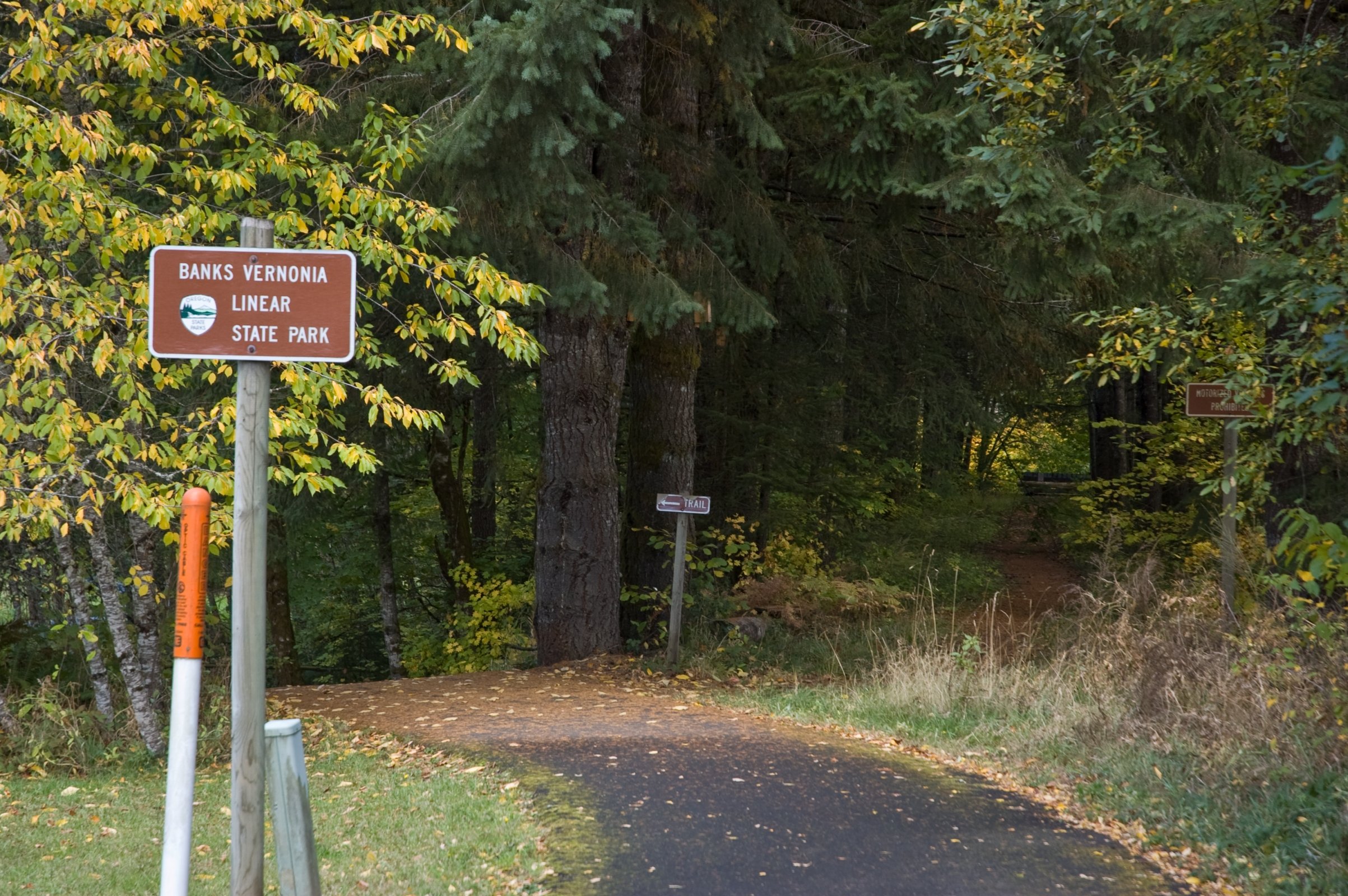 Paved trail in forest area and trailhead sign.