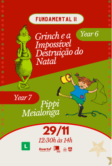 Capa da peça Grinch e a Impossível Destruição do Natal e Pippi Meialonga - Maple Bear Botafogo