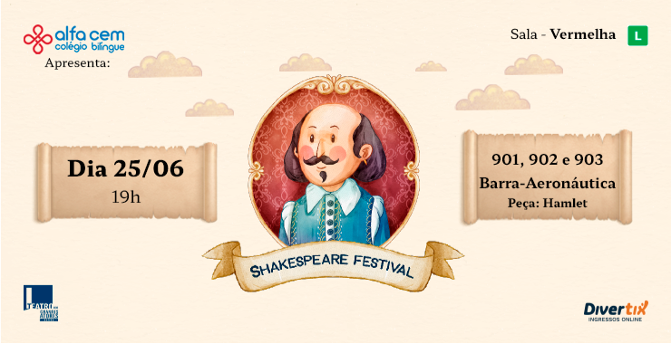 Banner da peça Festival Shakespeare Hamlet Barra Aeronáutica 901, 902 e 903