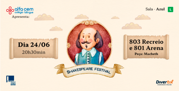Banner da peça Festival Shakespeare Macbeth Recreio 803 e Arena 801