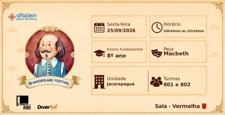 Banner da peça Festival Shakespeare Macbeth Jacarepaguá 801 e 802