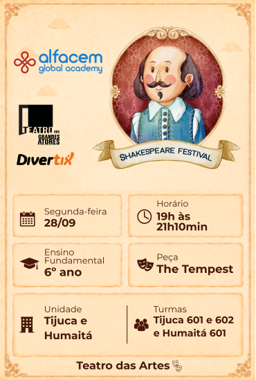 Capa da peça Festival Shakespeare The Tempest Tijuca 601 e 602 e Humaitá 601