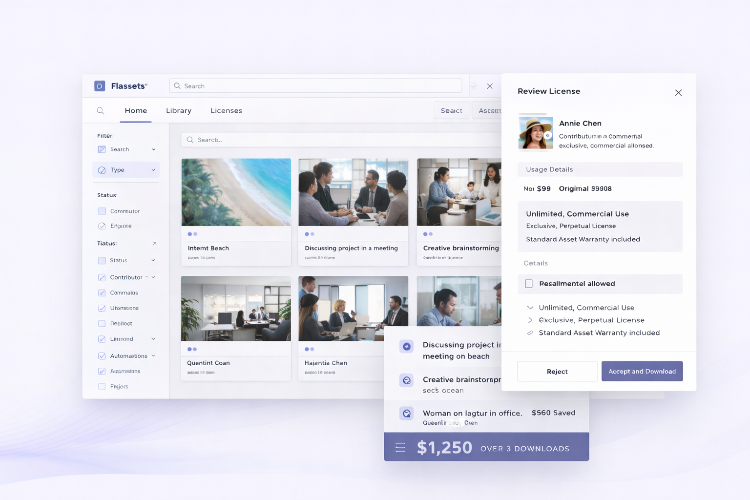 Flasset interface showing asset search, rights visibility, and content workflow