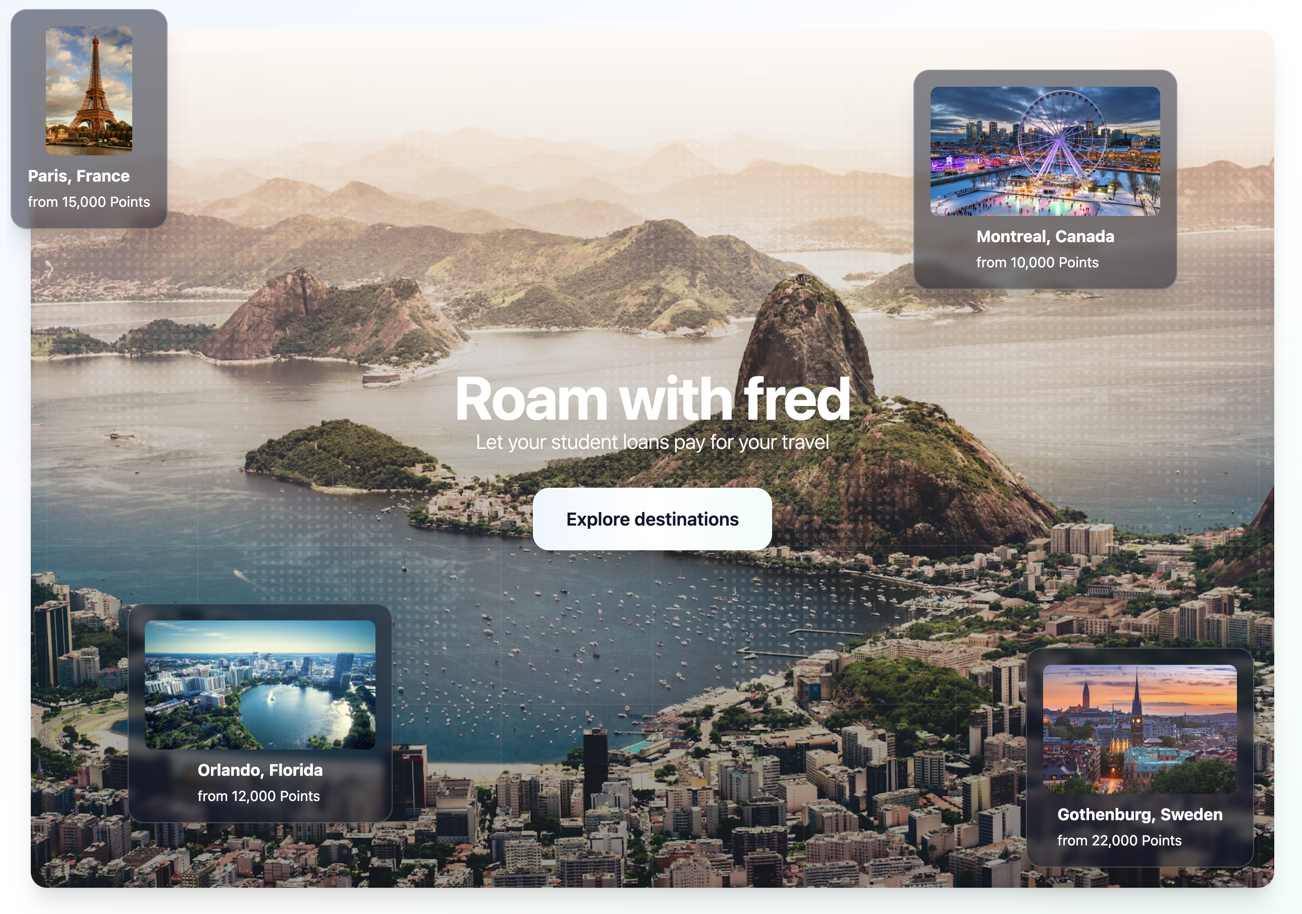 FRED Loyalty Portal - Travel booking interface showing flights, hotels, and exclusive deals