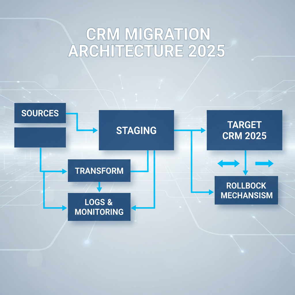 CRM migration architecture 2025: sources, staging, transform, target, logs, rollback