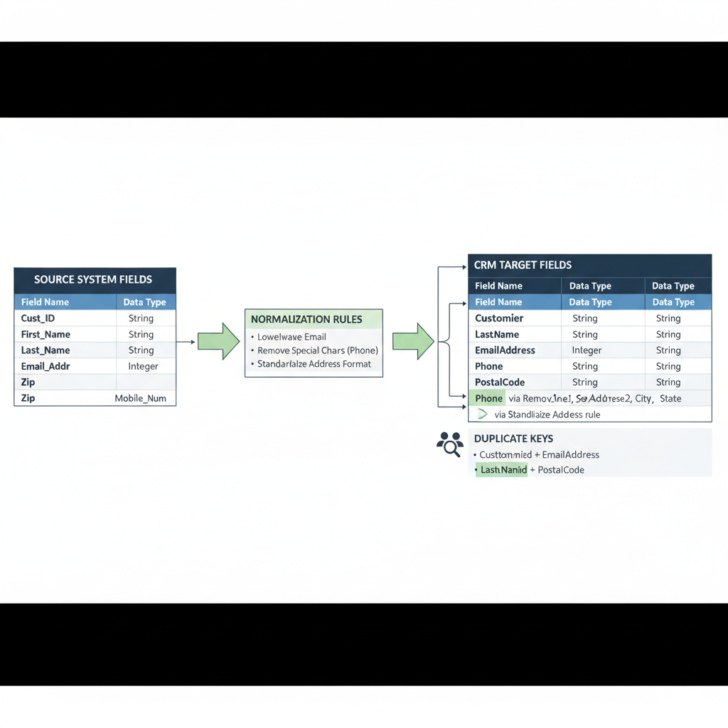 CRM field mapping and dedup: field map table, normalization rules, duplicate keys