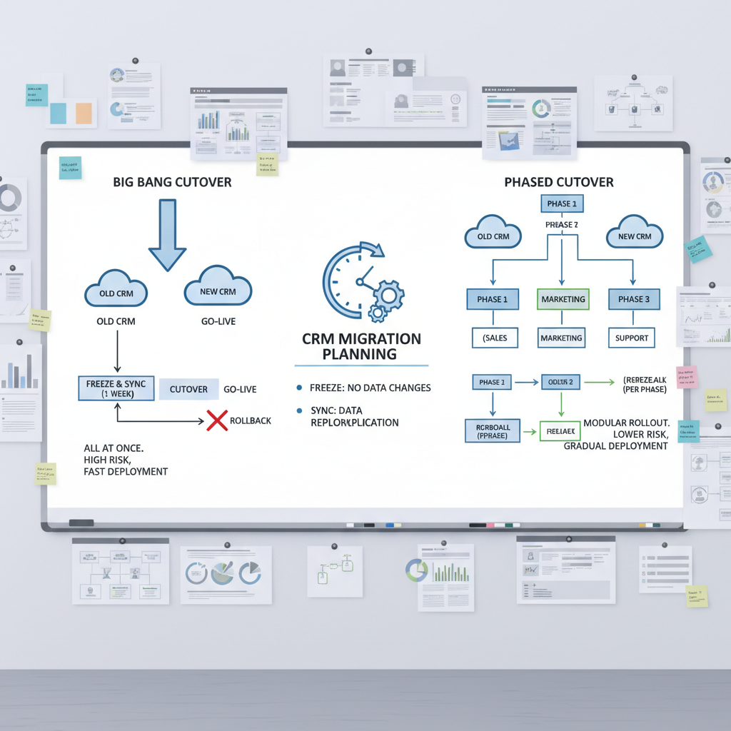 CRM migration cutover planning: big bang vs phased, freeze, sync, rollback