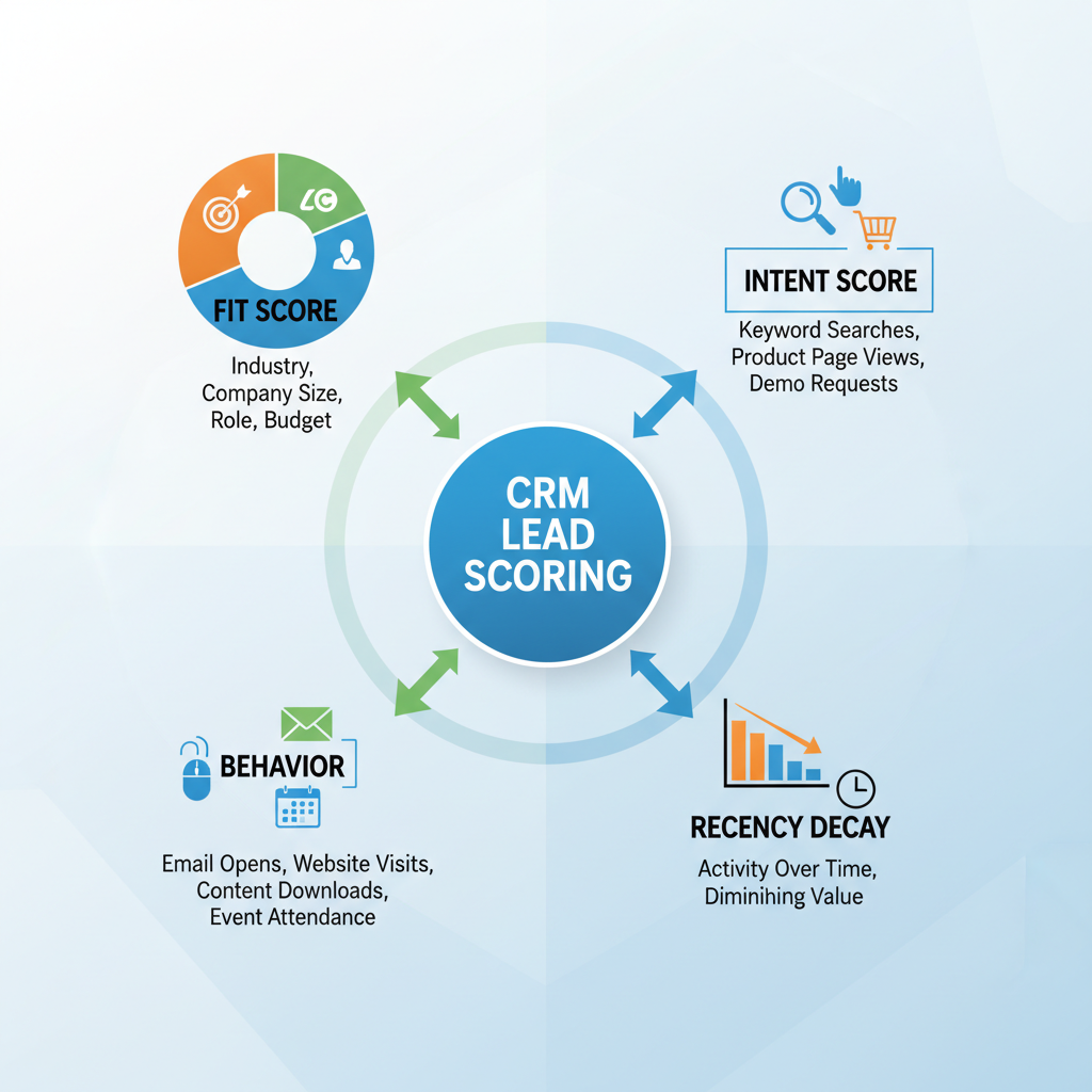 CRM lead scoring anatomy: fit score, intent score, behavior score, recency decay