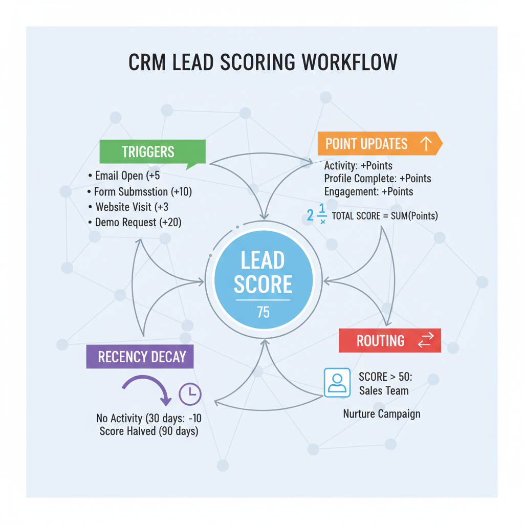 CRM workflow for lead scoring: triggers, point updates, recency decay, routing