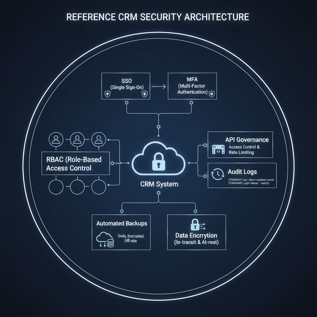 Reference CRM security architecture: SSO/MFA, RBAC, audit logs, API governance, backups