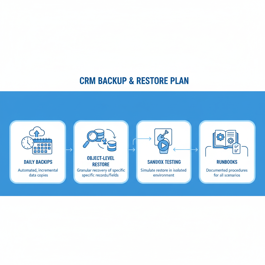 CRM backup and restore plan: daily backups, object-level restore, sandbox testing, runbooks