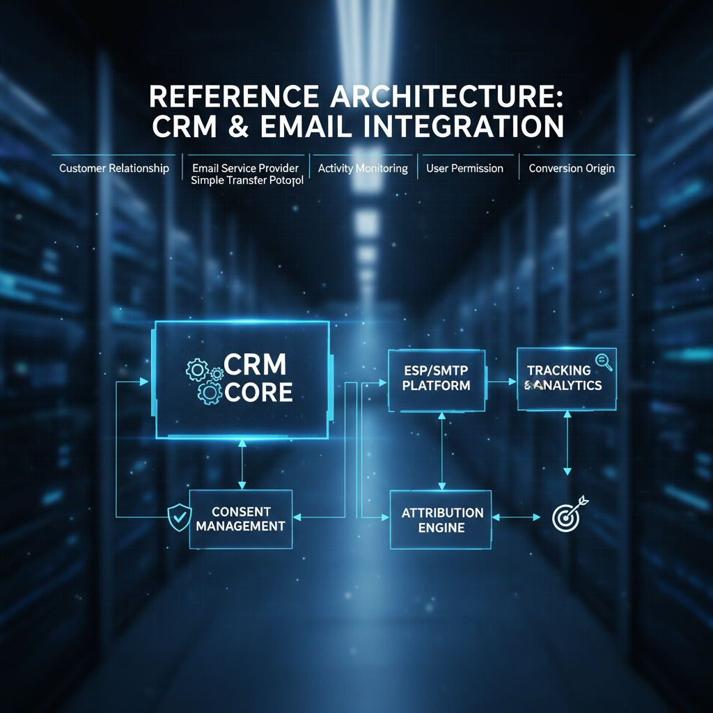 Reference architecture for CRM and email integration: CRM core, ESP/SMTP, tracking, consent, attribution