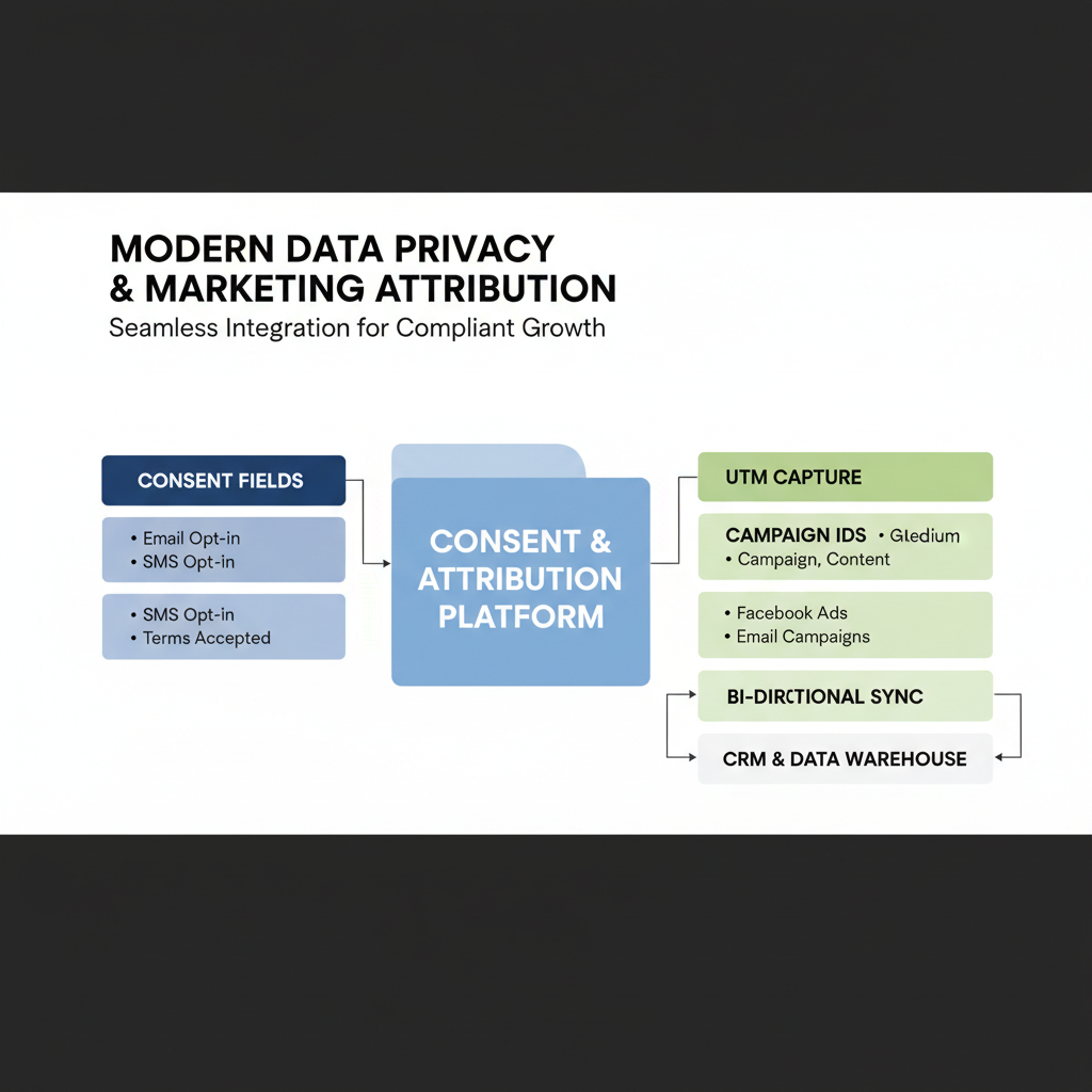 Consent and attribution model: consent fields, UTM capture, campaign IDs, bi-directional sync