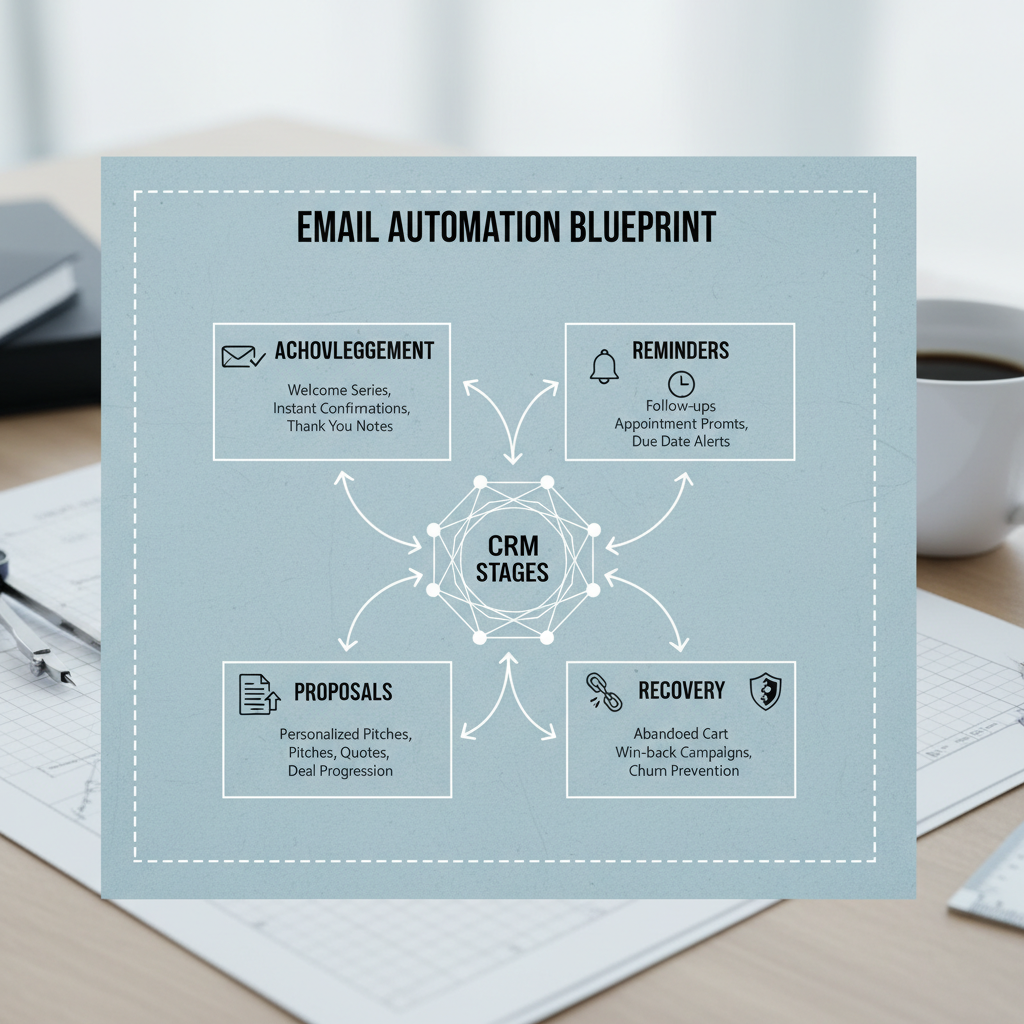 Email automation blueprints tied to CRM stages: acknowledgment, reminders, proposals, recovery