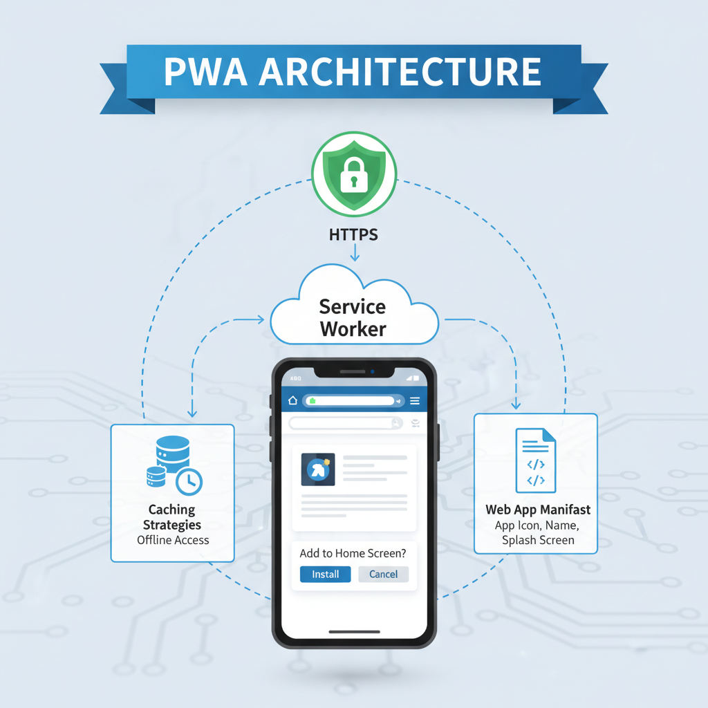 PWA architecture: HTTPS, service worker, Web App Manifest, caching, install prompt