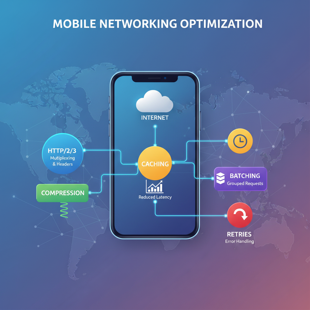 Mobile networking optimization: HTTP/2/3, compression, caching, batching, retries