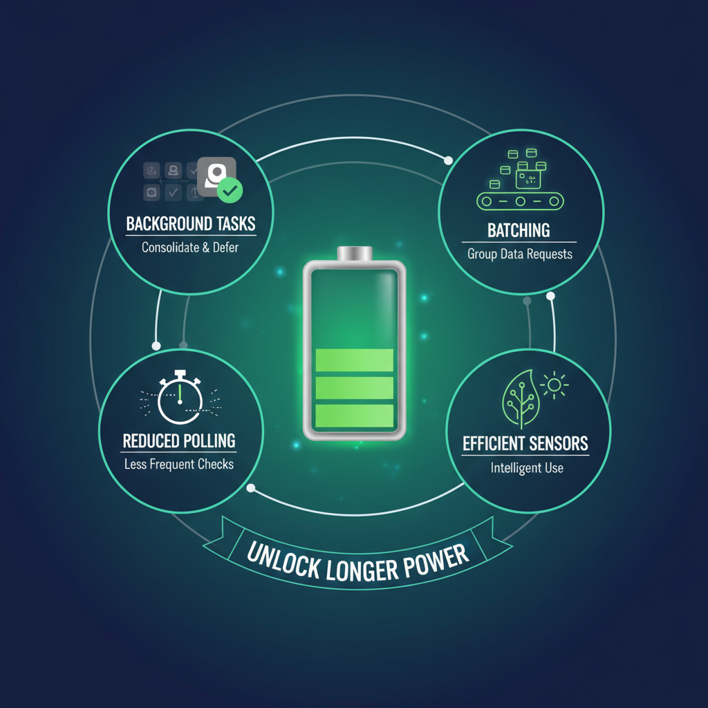 Battery optimization: background tasks, batching, reduced polling, efficient sensors