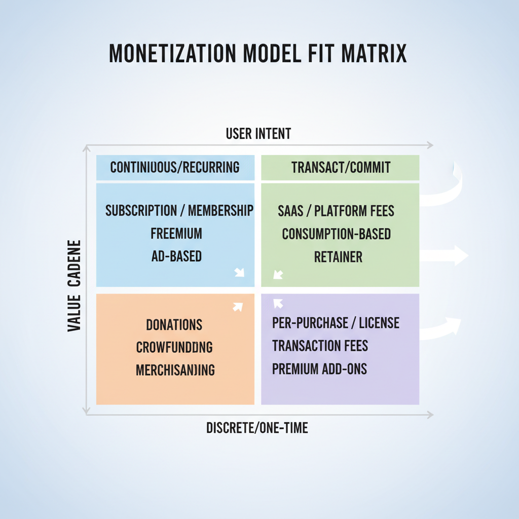 Monetization model fit matrix by value cadence and user intent