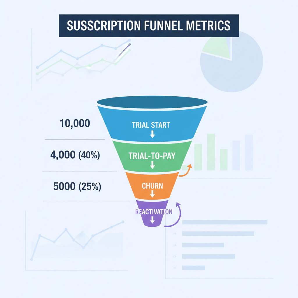 Subscription funnel metrics: trial start, trial-to-pay, churn, reactivation