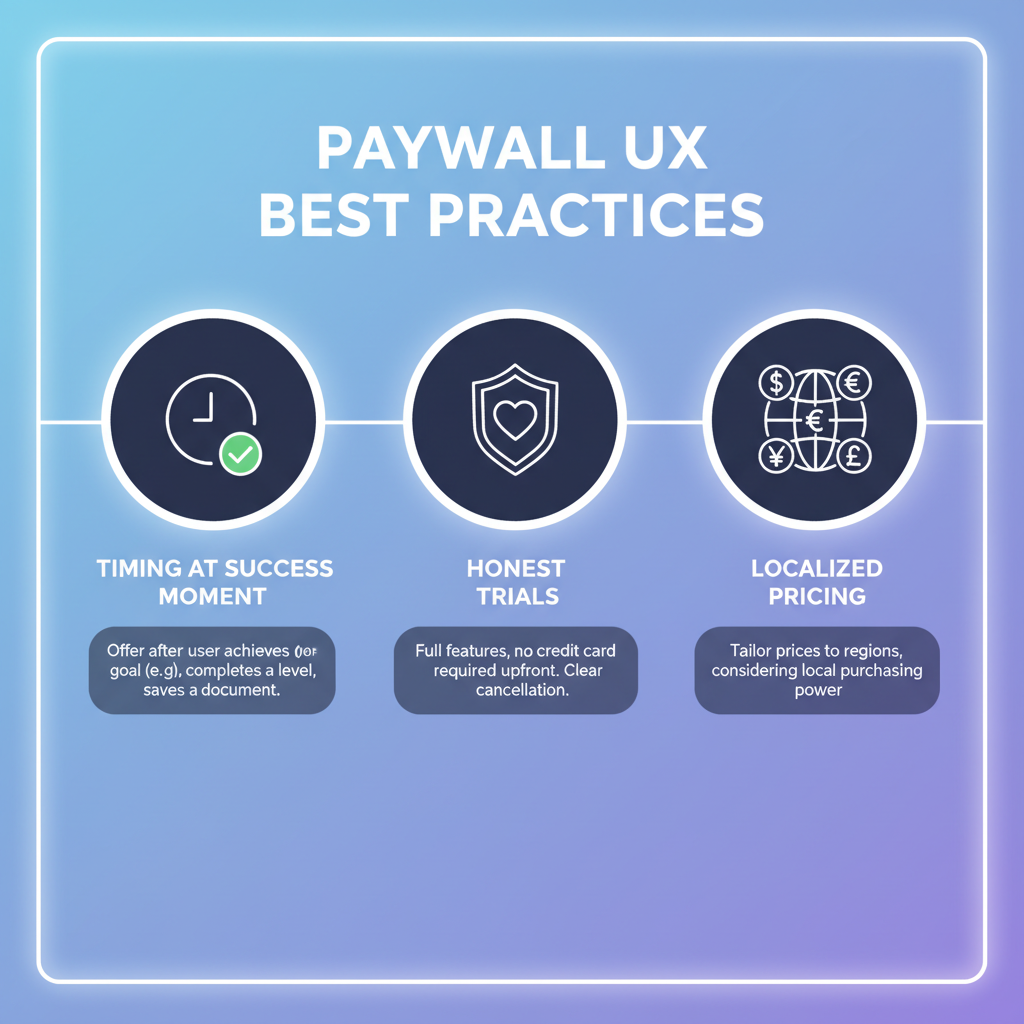 Paywall UX best practices: timing at success moment, honest trials, localized pricing