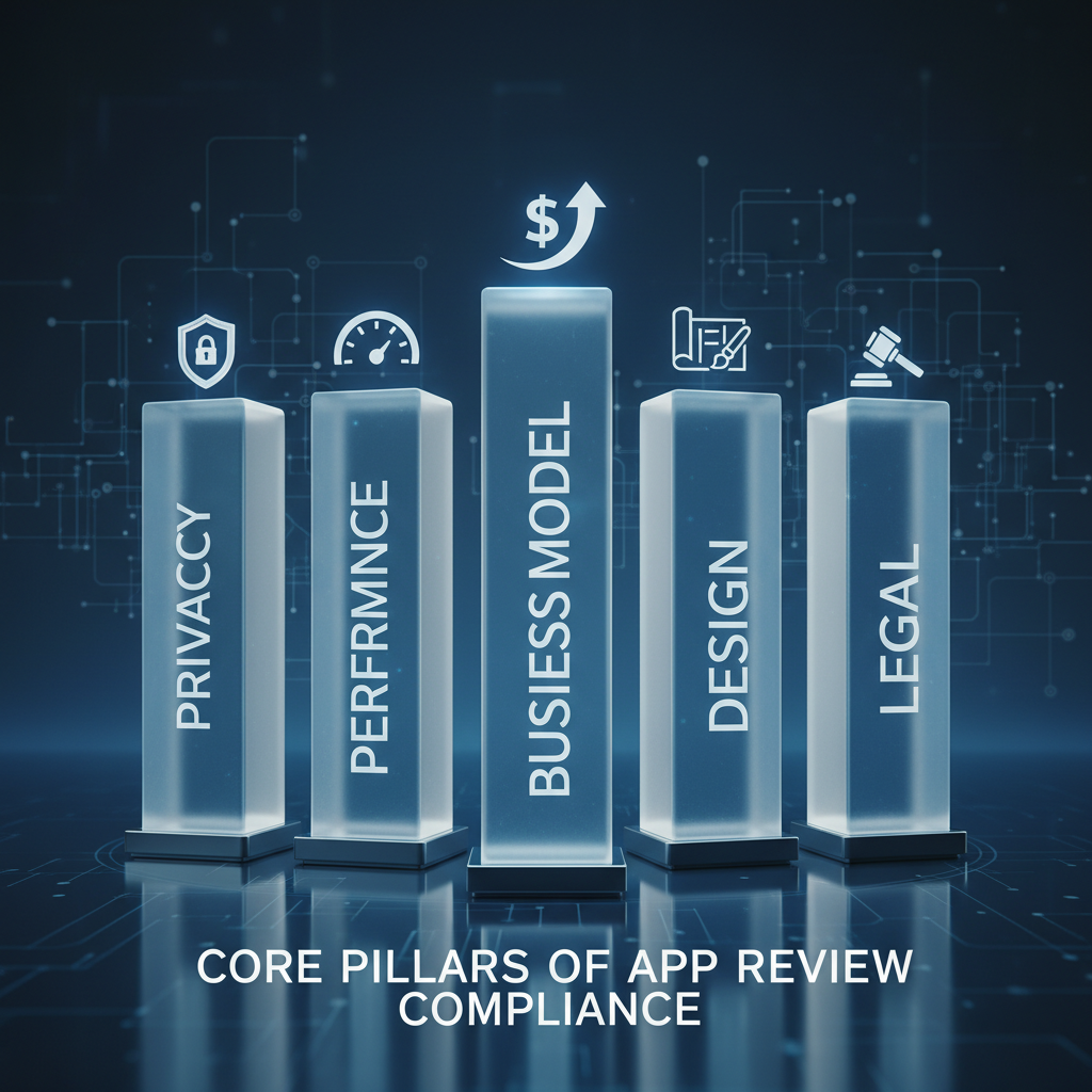 Core pillars of app review compliance: privacy, performance, business model, design, legal
