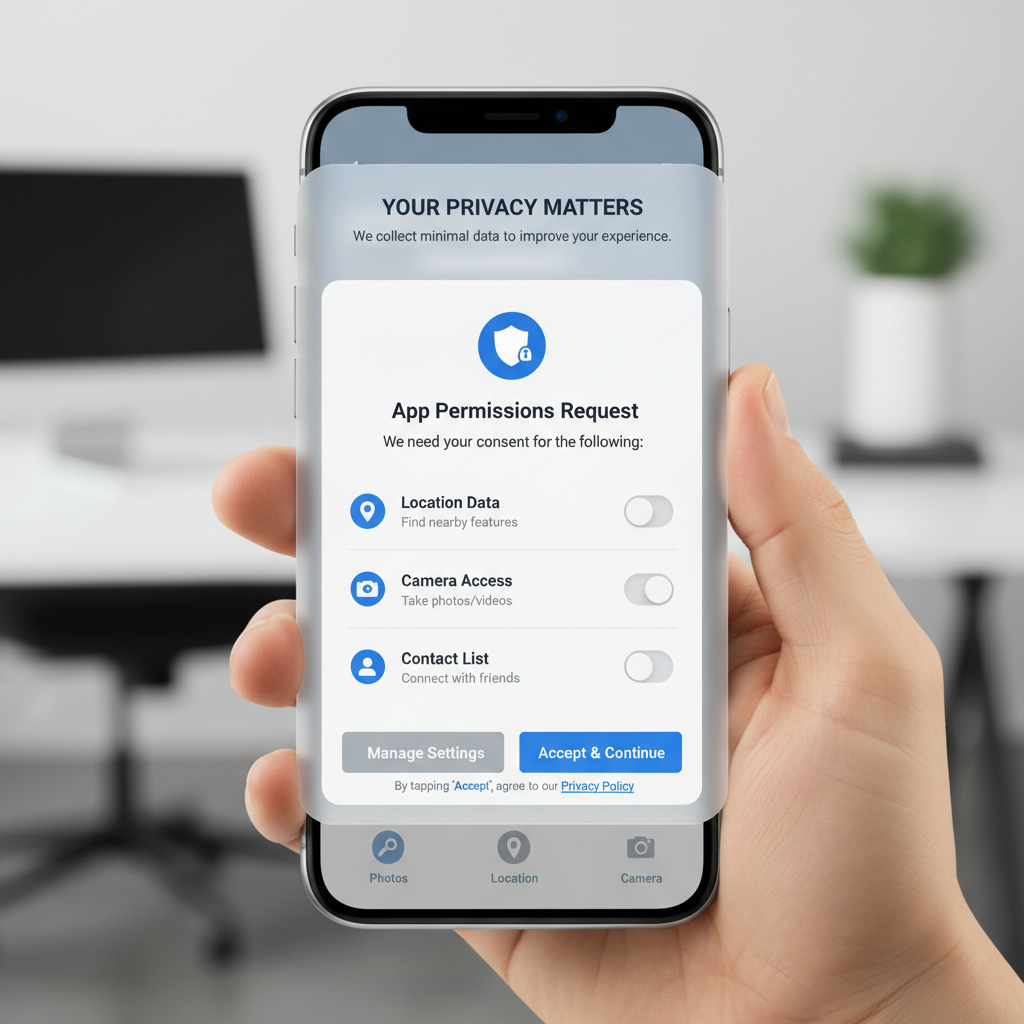 Privacy and consent model in mobile apps: disclosures, prompts, data minimization