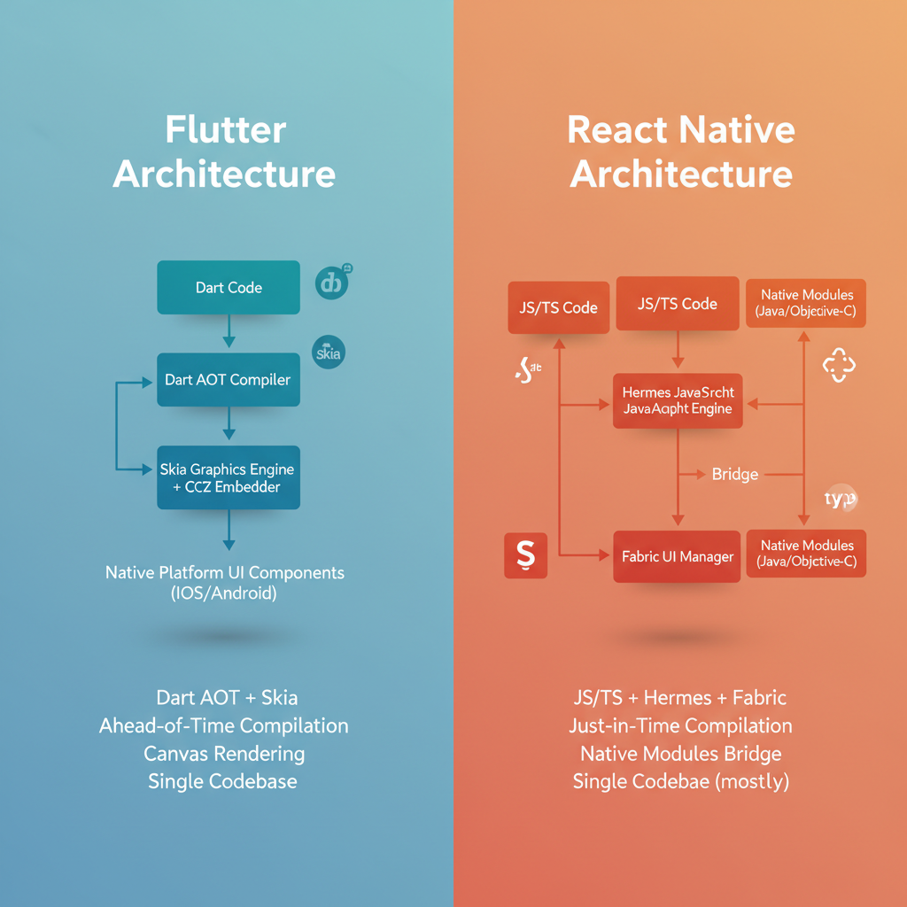 Architecture: Flutter (Dart AOT + Skia) vs React Native (JS/TS + Hermes + Fabric)