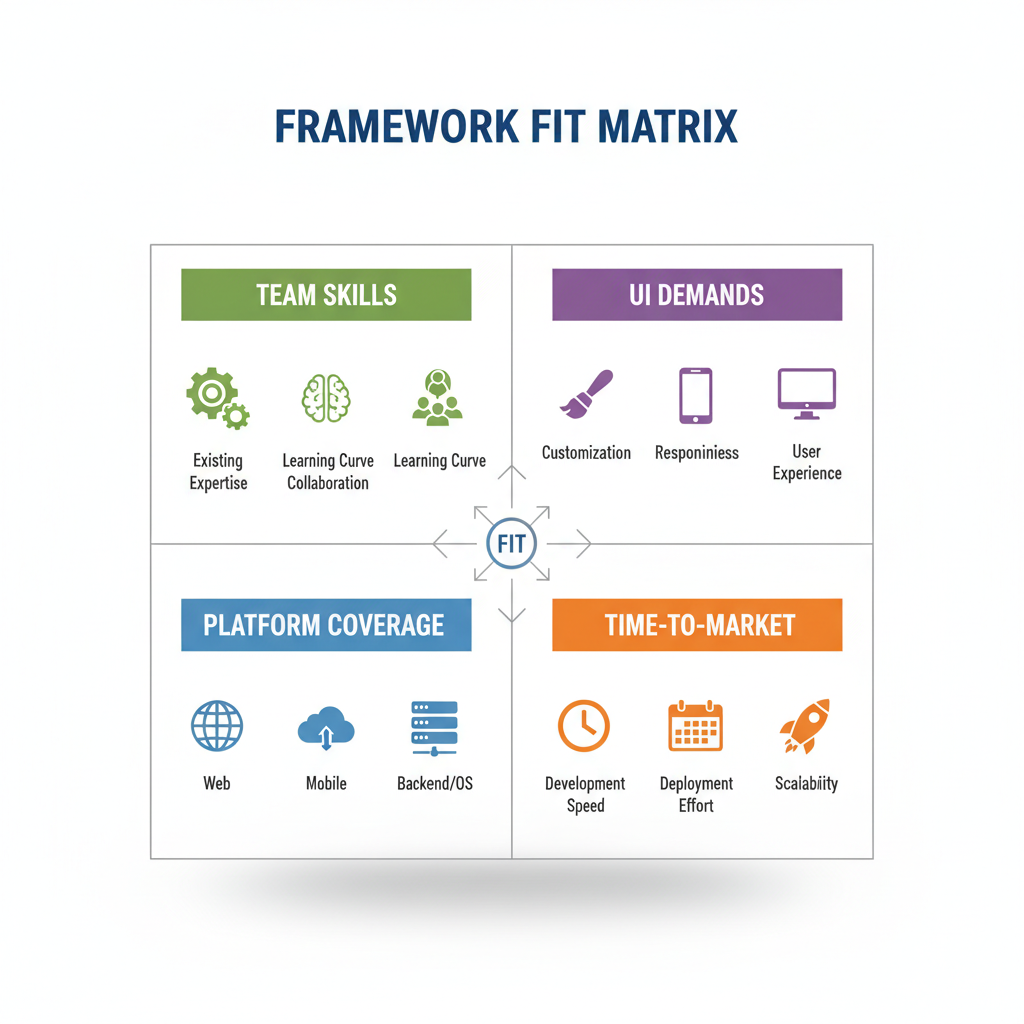 Framework fit matrix: team skills, UI demands, platform coverage, time-to-market