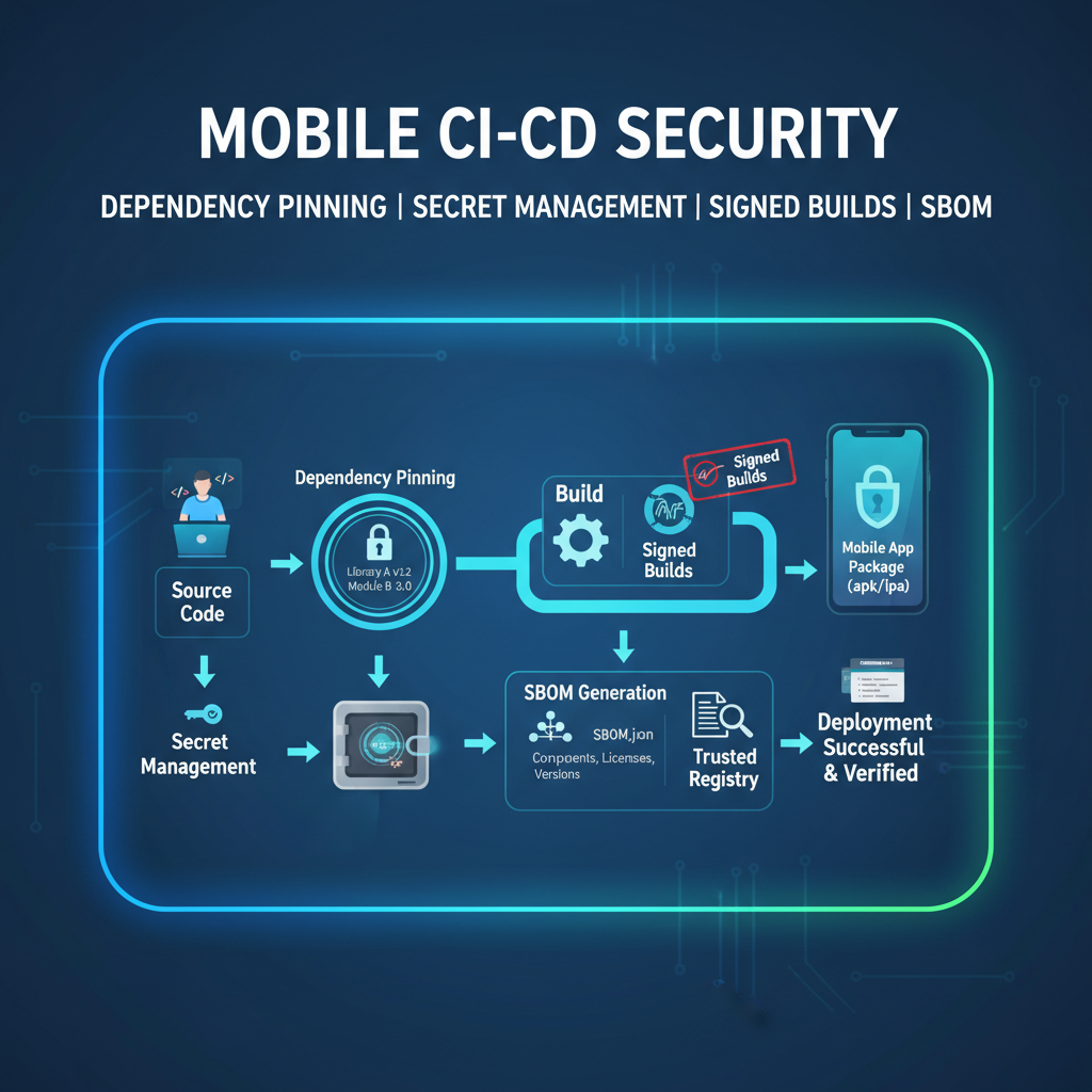 Mobile CI/CD security: dependency pinning, secret management, signed builds, SBOM