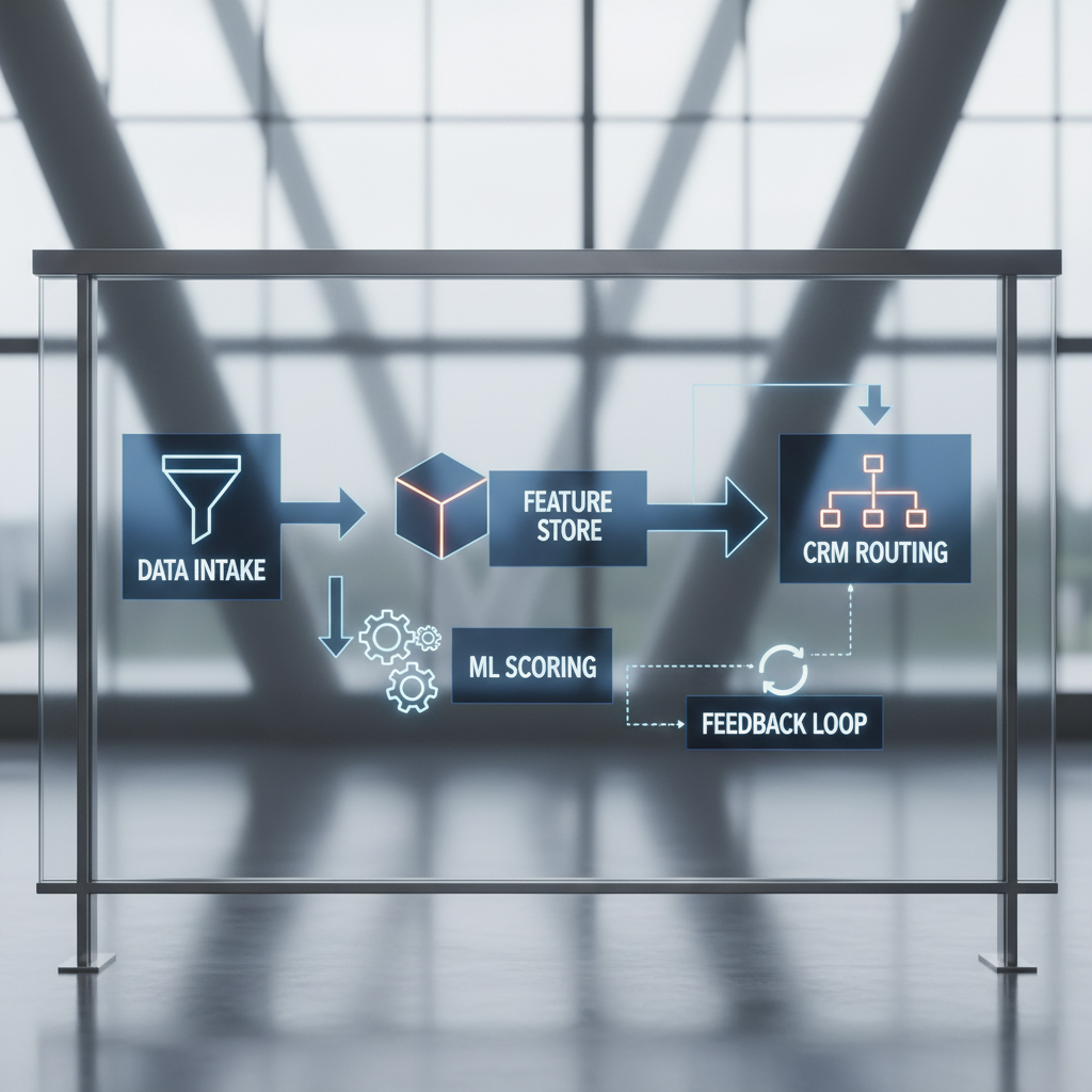 Architecture: data intake → feature store → ML scoring → CRM routing → feedback loop