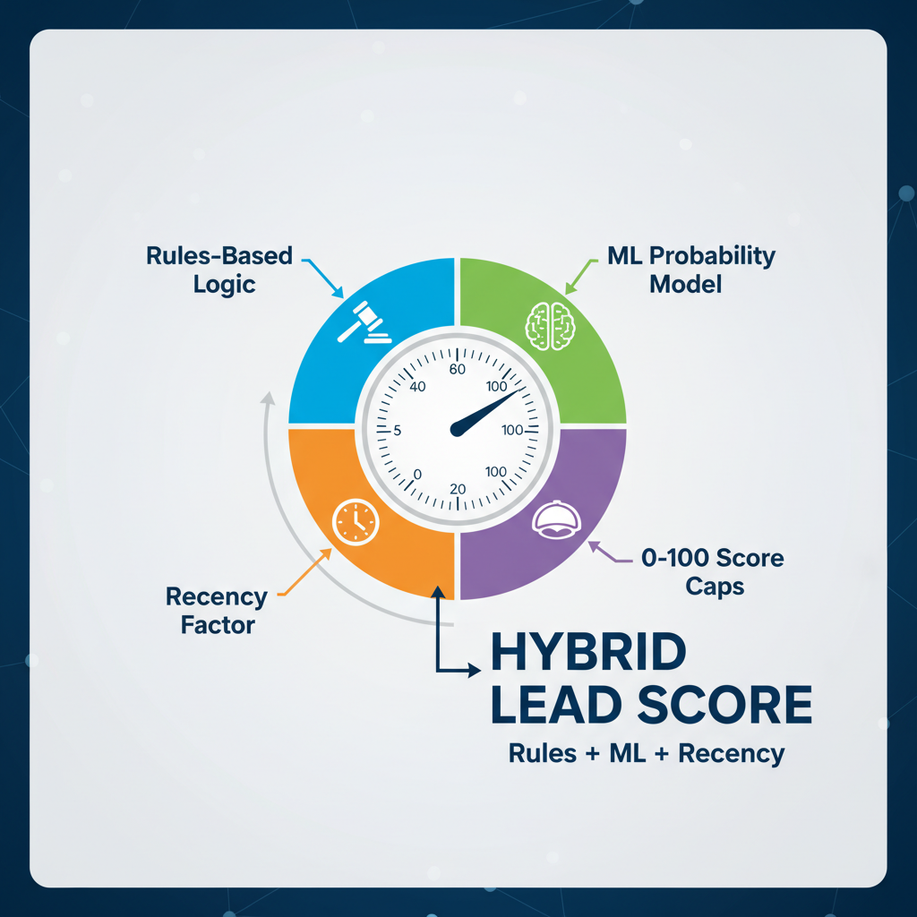 Hybrid lead scoring: rules + ML probability + recency and caps to a 0-100 score